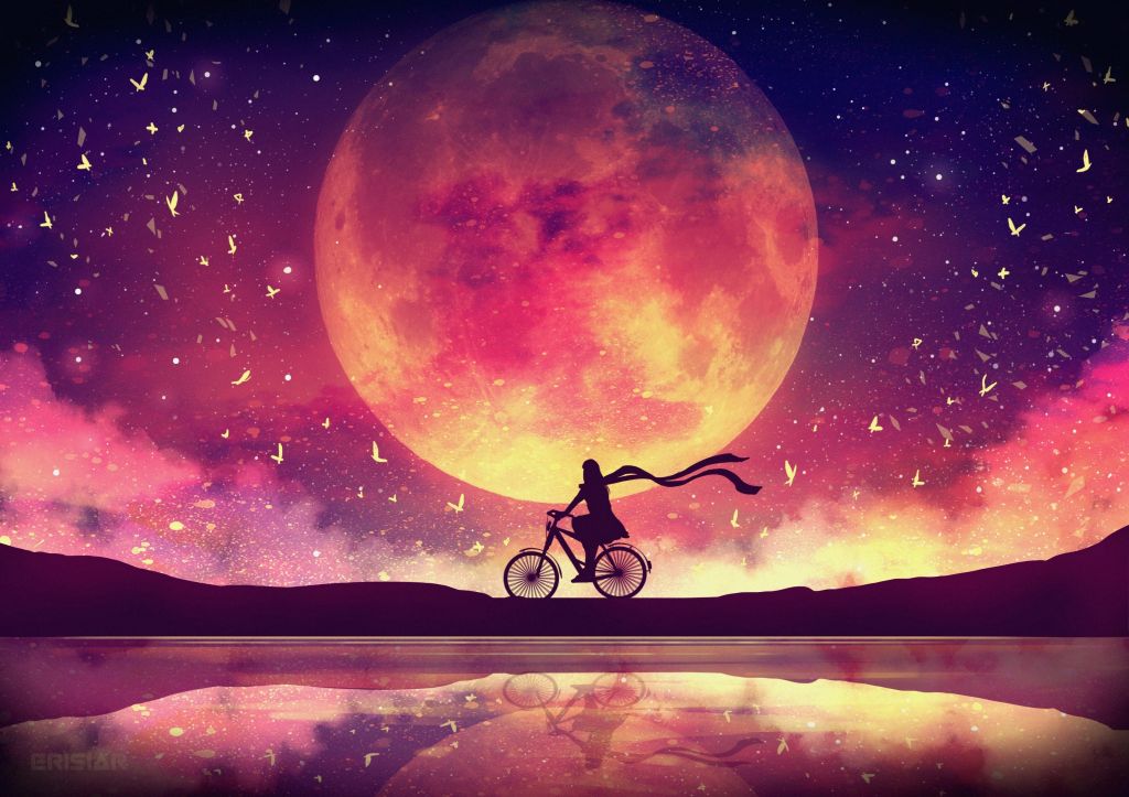 Девчушки, Мечта, Луна, Scenic, Surreal, Прокат Велосипедов, HD, 2K