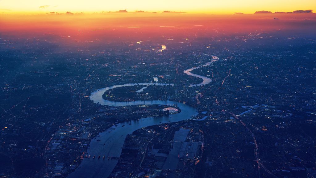 Лондон, Городской Пейзаж, Закат, Вид С Воздуха, Река, HD, 2K, 4K, 5K