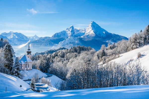 Баварские Альпы, Зимний Пейзаж, Церковь, Германия, HD, 2K, 4K, 5K