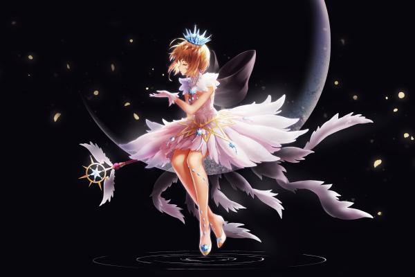 Cardcaptor Sakura, Аниме Девушка, Темный Фон, Ангел, HD, 2K, 4K, 5K