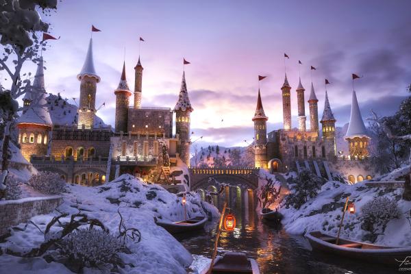 Замок, Зима, Снег, Архитектура, Ancient, HD, 2K, 4K