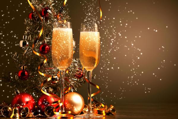 Рождество, Новый Год, Шампанское, Шары, Украшения, HD, 2K, 4K