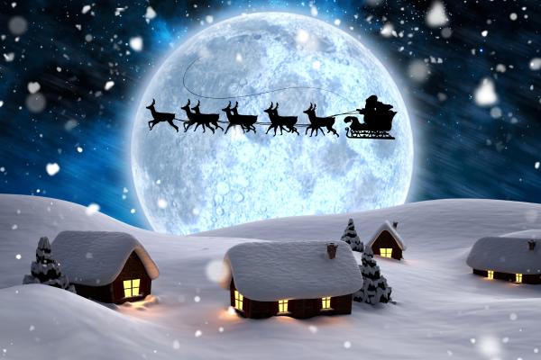 Рождество, Новый Год, Санта, Олень, Луна, Ночь, Зима, Снег, HD, 2K, 4K, 5K