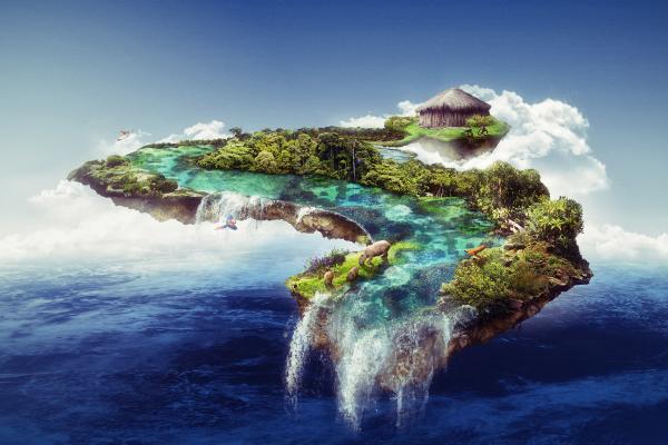Плавающий Остров, Водопад, Облака, Дикая Природа, HD, 2K