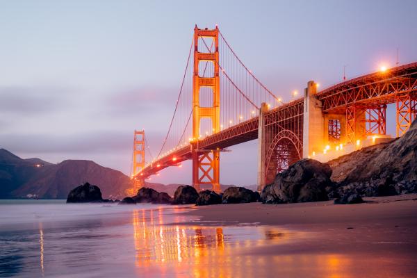 Мост Золотые Ворота, Свет, Размышления, Вечер, Сан-Франциско, Сша, HD, 2K, 4K