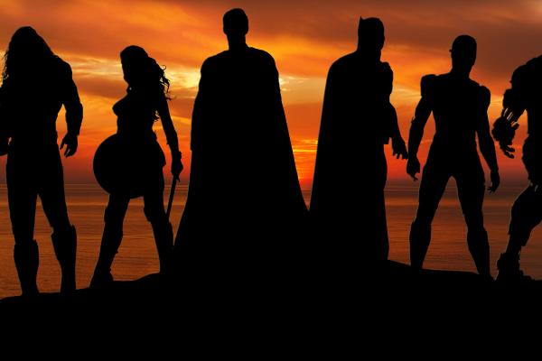 Лига Справедливости, Супергерои, Аквамен, Чудо-Женщина, Супермен, Бэтмен, Флэш, Киборг, Силуэт, HD, 2K, 4K, 5K, 8K