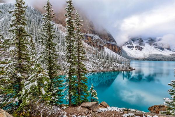 Озеро Морейн, Зима, Национальный Парк Банф, Альберта, Канада, HD, 2K