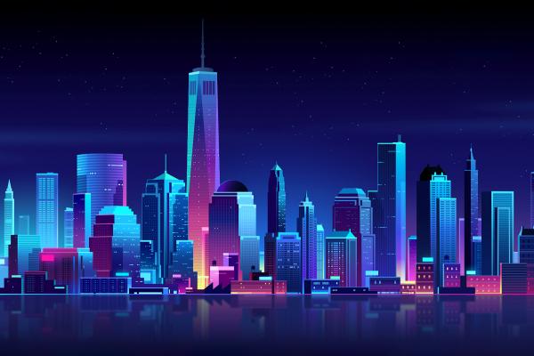 Нью-Йорк, Неон, Nightscape, Cgi, HD, 2K, 4K