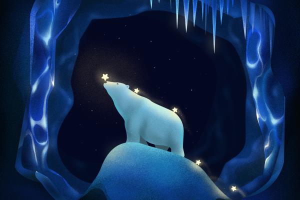 Белый Медведь, Звезды, Иллюстрация, Ледяная Пещера, HD, 2K
