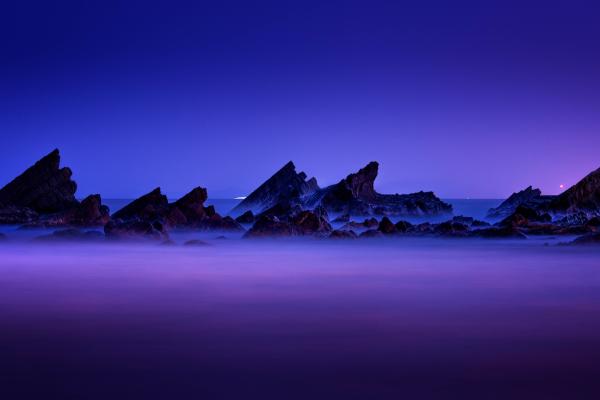 Пурпурное Небо, Закат, Скалы, Пляж, Морской Пейзаж, HD, 2K, 4K, 5K