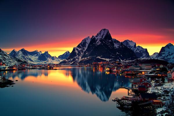 Reine, Озеро, Гора, Норвегия, HD, 2K, 4K