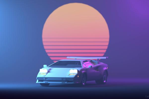 Ретровейв, Пурпурный, Lamborghini Countach, HD, 2K, 4K