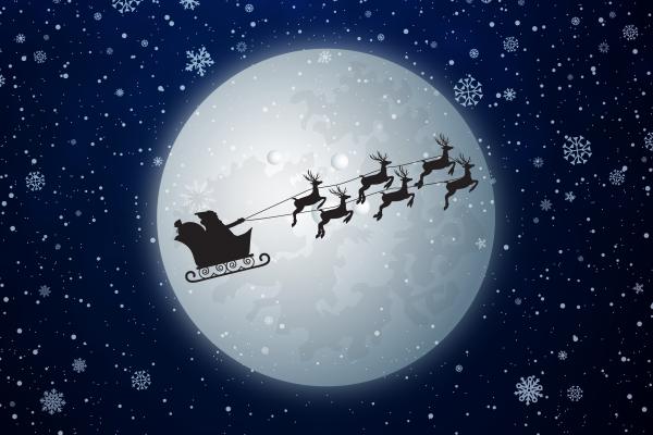 Санта Клаус, Колесница Северного Оленя, Луна, Снегопад, HD, 2K, 4K
