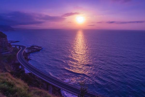 Закат, Фиолетовое Небо, Морской Пейзаж, Отражение, HD, 2K