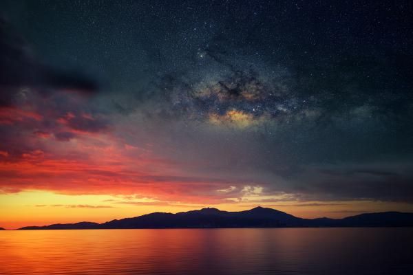 Закат, Остров, Звездное Небо, Силуэт, Отражения, Пейзаж, HD, 2K, 4K