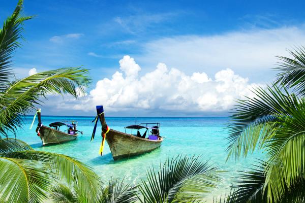Тропический Пляж, Лодки, Остров, Кокосовые Пальмы, HD, 2K, 4K