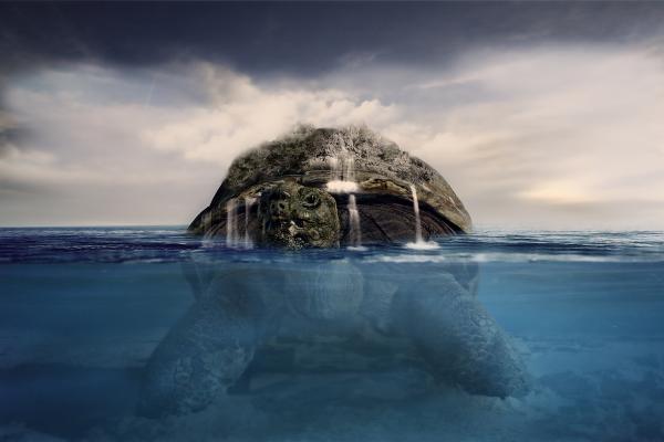 Черепаха, Остров, Подводный, Водопад, Photoshop, HD, 2K, 4K