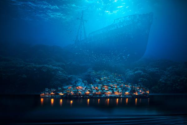 Подводный, Город, Бездна, Рыбы, Цифровое Искусство, HD, 2K