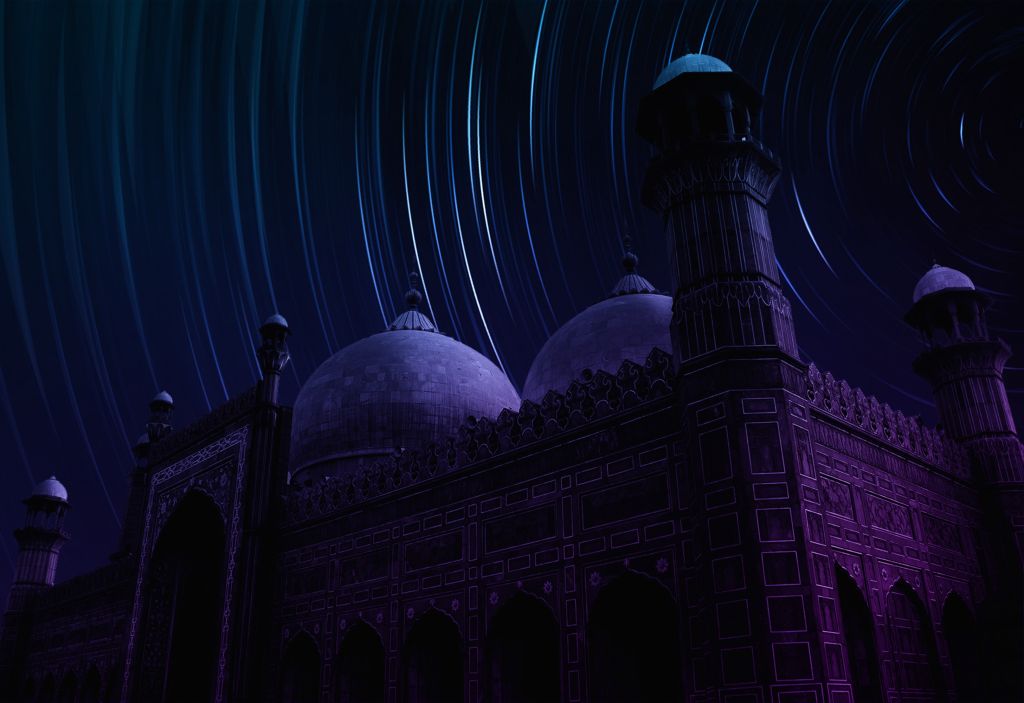 Мечеть Бадшахи, Могольская Архитектура, Звездный След, Фиолетовый, Ночь, Лахор, Пакистан, HD, 2K