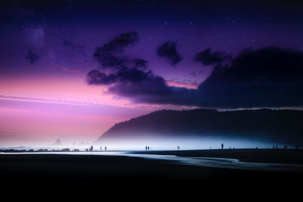 Пляж, Сумерки, Фиолетовое Небо, HD, 2K, 4K, 5K