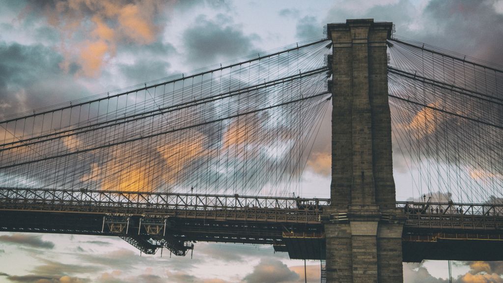 Бруклинский Мост, Нью-Йорк, Дамбо В Бруклине, Облака, Закат, HD, 2K, 4K