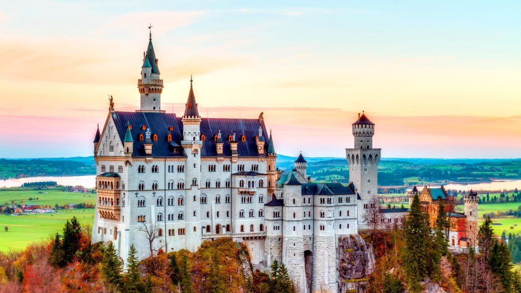 Замок, Нойшванштайн, Альпы, Осень, Бавария, Германия, Гора, Небо, Путешествия, HD, 2K, 4K, 5K