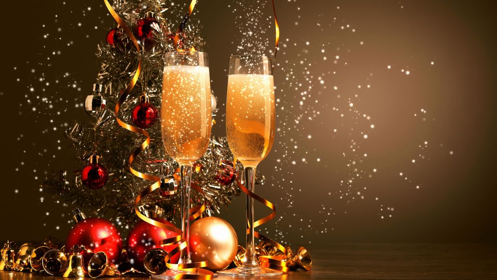 Рождество, Новый Год, Шампанское, Шары, Украшения, HD, 2K, 4K