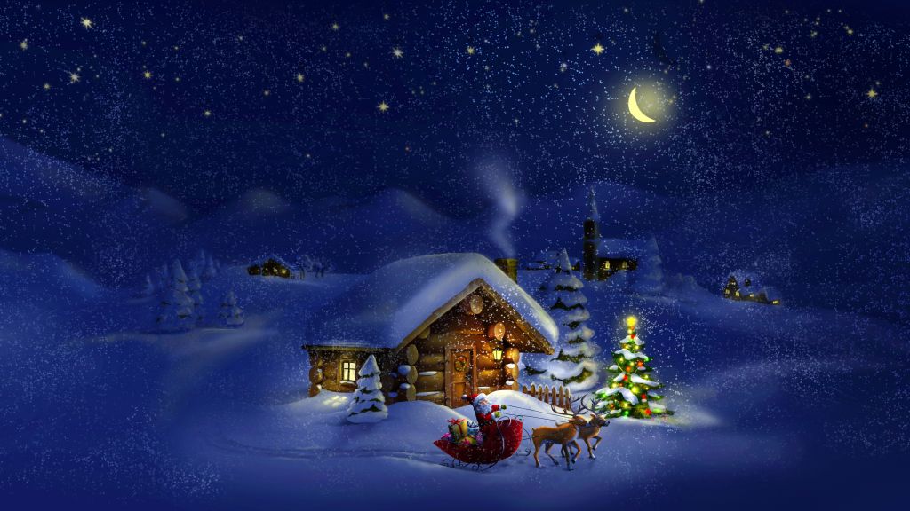 Рождество, Новый Год, Санта, Олень, Луна, Ночь, Зима, Дом, Снег, HD, 2K, 4K, 5K