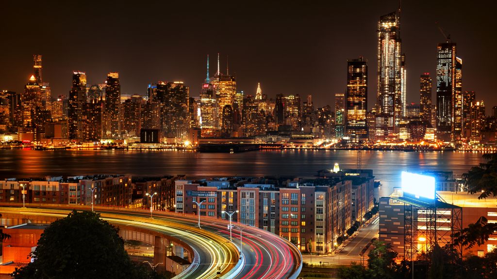 Городской Пейзаж, Нью-Джерси, Нью-Йорк, Ночной Трафик, HD, 2K, 4K