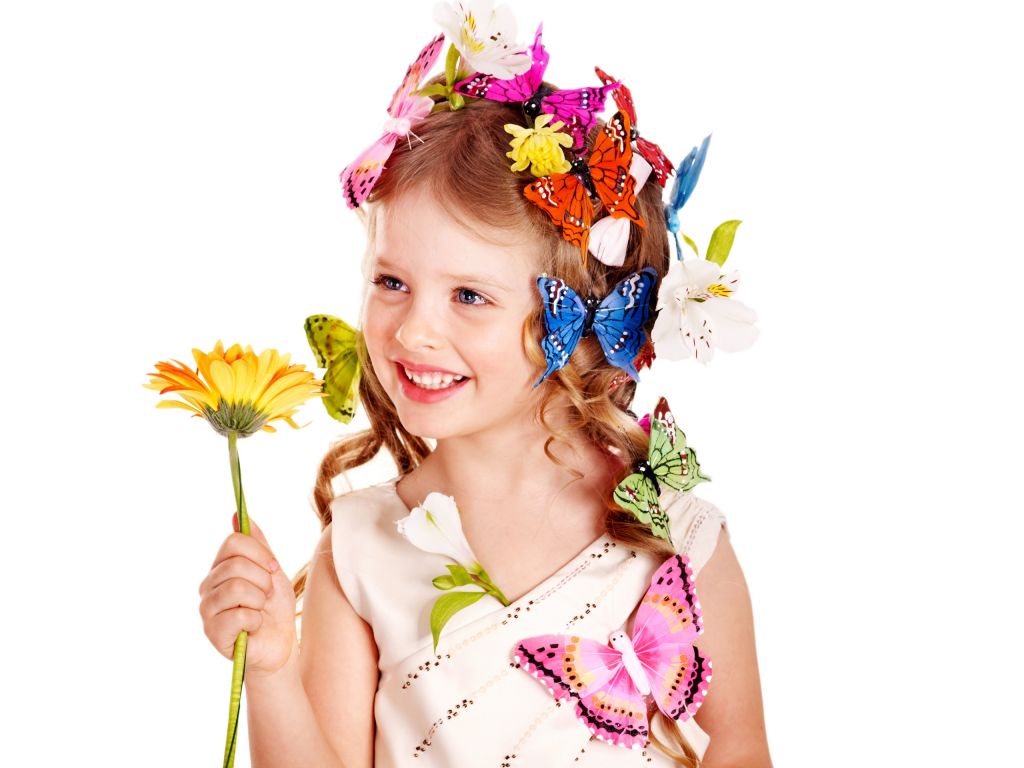 Милая Девушка, Цветы, Бабочки, HD, 2K
