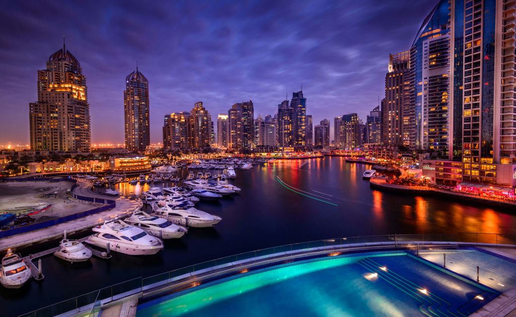 Дубай Марина, Город Канала, Ночной Пейзаж, HD, 2K, 4K