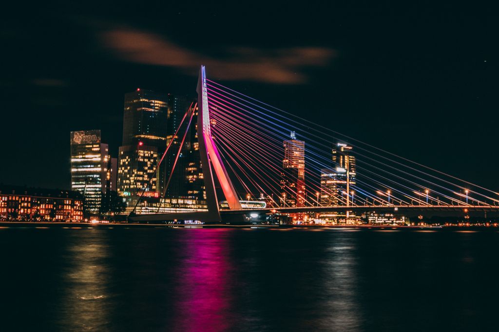 Мост Эразма, Ночь, Городской Пейзаж, Роттердам, Нидерланды, HD, 2K, 4K