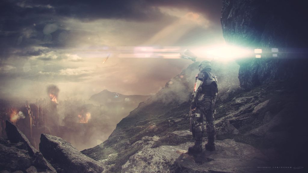 Halo 5: Guardians, Игра, Fps, Фантастика, Битва, Небо, Свет, Скалы, Солдат, Скриншот, What Lay Ahead , 2015, HD, 2K, 4K