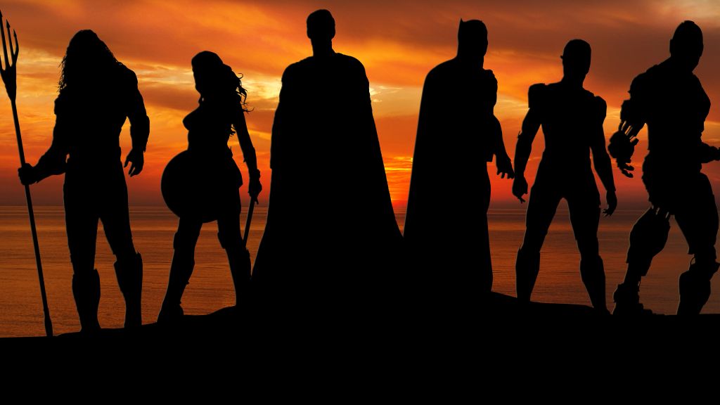 Лига Справедливости, Супергерои, Аквамен, Чудо-Женщина, Супермен, Бэтмен, Флэш, Киборг, Силуэт, HD, 2K, 4K, 5K, 8K