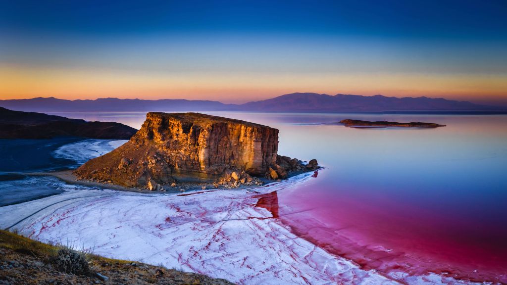 Озеро Урмия, Иран, Озеро, Вода, Восход, Скала, HD, 2K, 4K, 5K