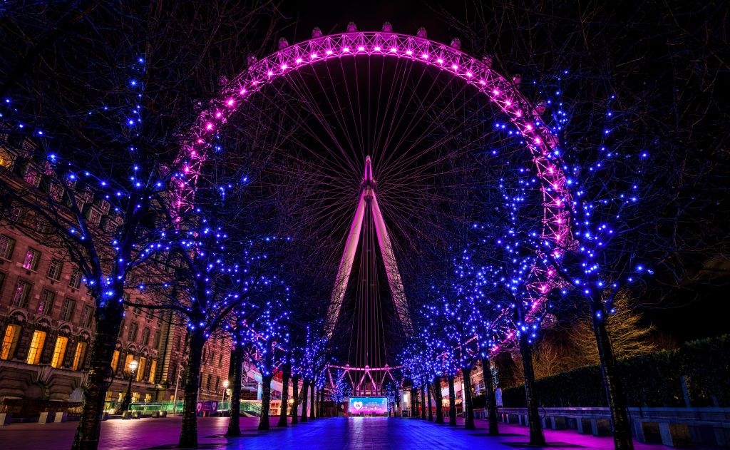 London Eye, Ночь, Неоновые Огни, Пурпурный Оттенок, Светящиеся Огни, HD, 2K, 4K, 5K