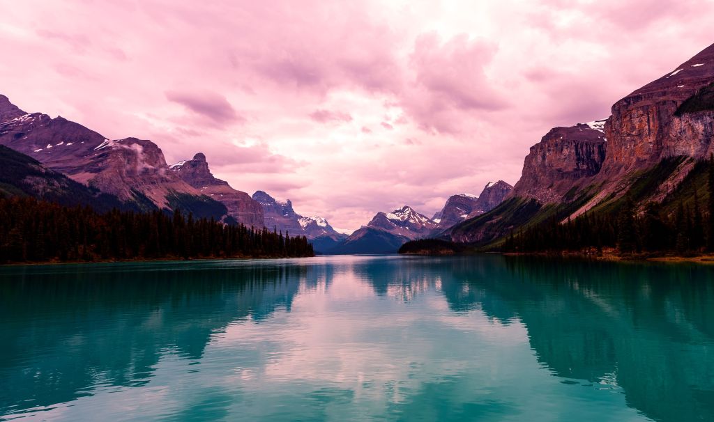 Озеро Малин, Горы, Размышления, Национальный Парк Джаспер, Альберта, Канада, HD, 2K