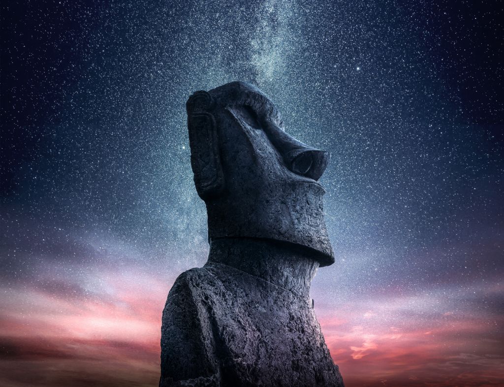 Статуя Моаи, Остров Пасхи, Закат, Звездное Небо, HD, 2K, 4K, 5K