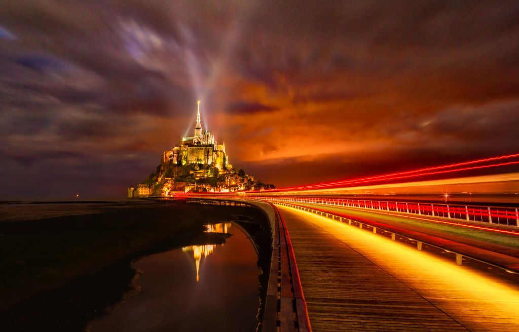 Mont Saint-Michel, Остров, Нормандия, Франция, Ночные Огни, HD, 2K, 4K, 5K