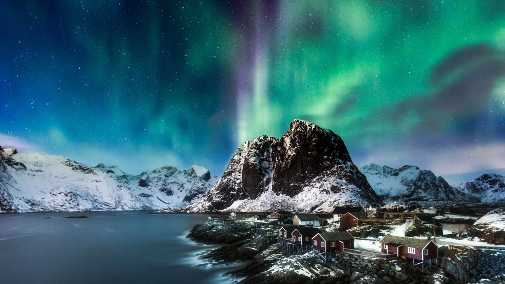Норвегия, Лофотенские Острова, Европа, Горы, Море, Ночь, Северное Сияние, HD, 2K, 4K, 5K