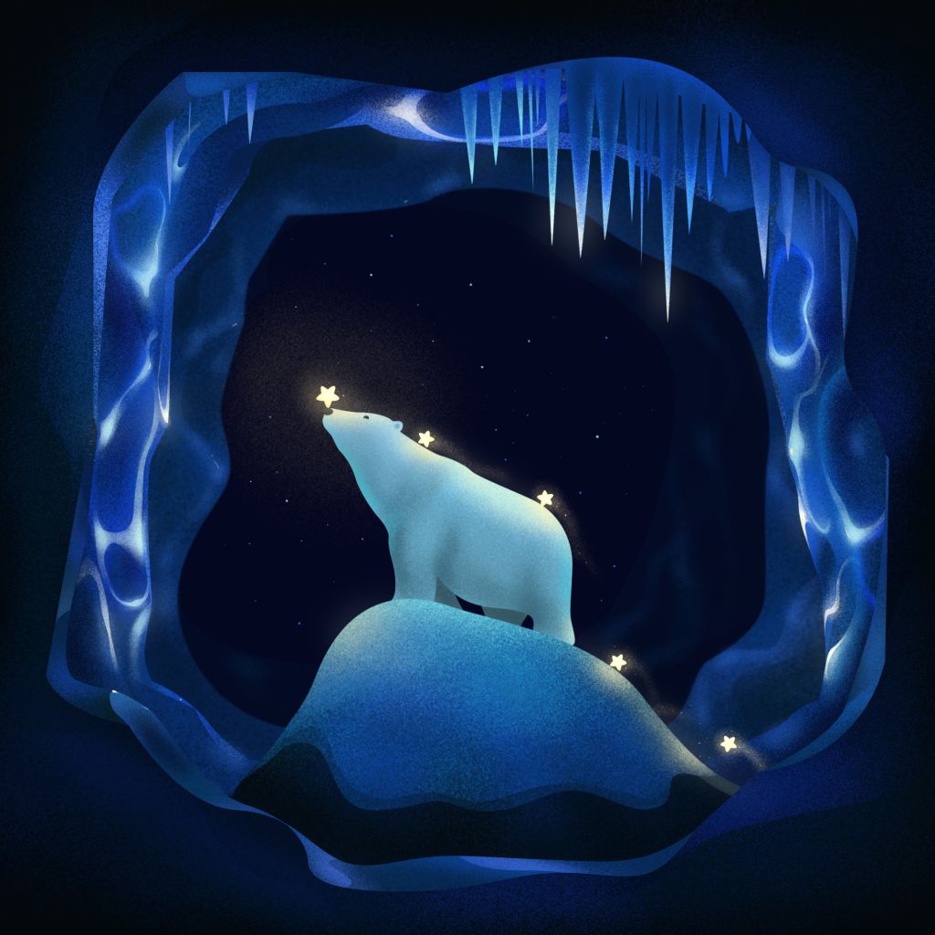 Белый Медведь, Звезды, Иллюстрация, Ледяная Пещера, HD, 2K