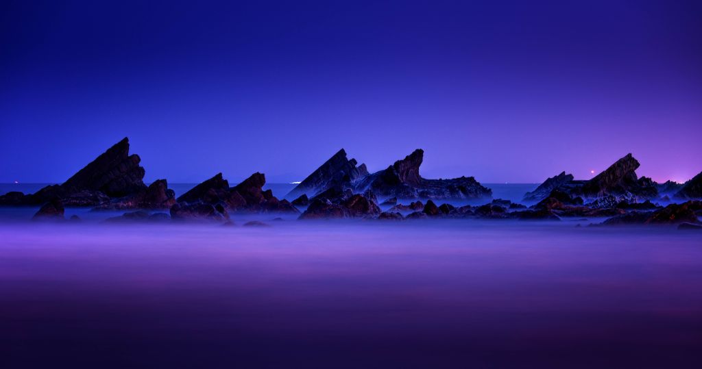 Пурпурное Небо, Закат, Скалы, Пляж, Морской Пейзаж, HD, 2K, 4K, 5K
