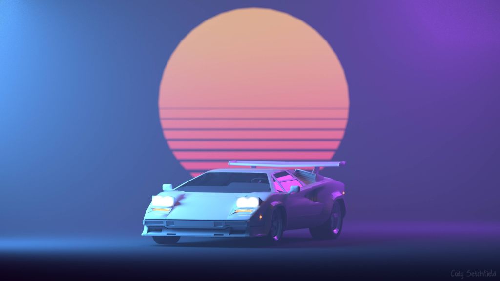 Ретровейв, Пурпурный, Lamborghini Countach, HD, 2K, 4K