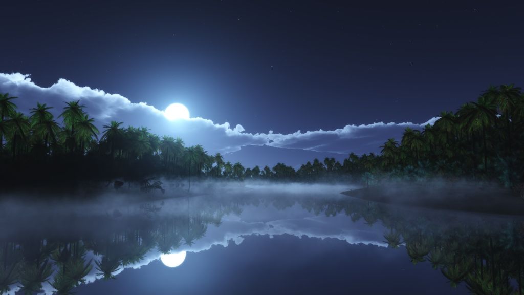 Река, Море, Пальмы, Ночь, Луна, Облака, HD, 2K, 4K