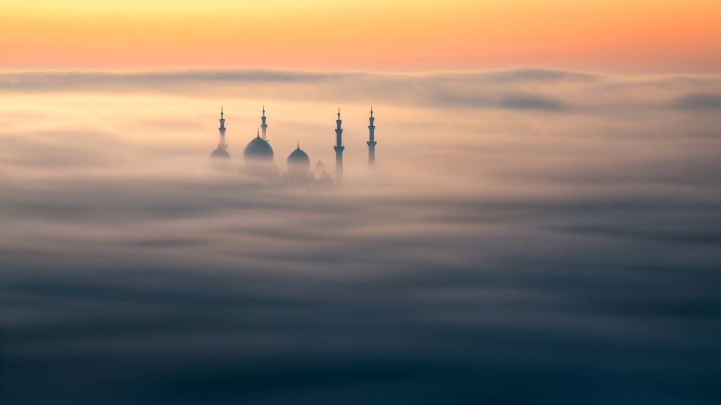 Мечеть Шейха Зайда, Абу-Даби, Санрайз, Туман, Объединенные Арабские Эмираты, HD, 2K, 4K, 5K