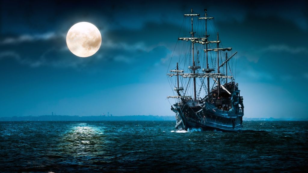 Корабль, Море, Луна, Ночь, HD, 2K, 4K