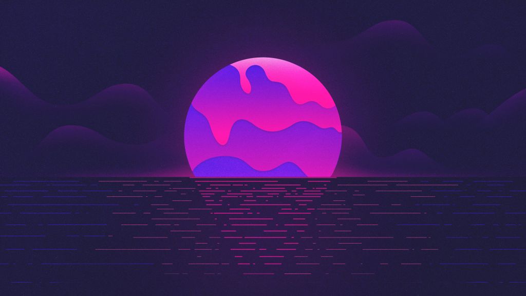 Закат, Луна, Неоновый, Фиолетовый, HD, 2K