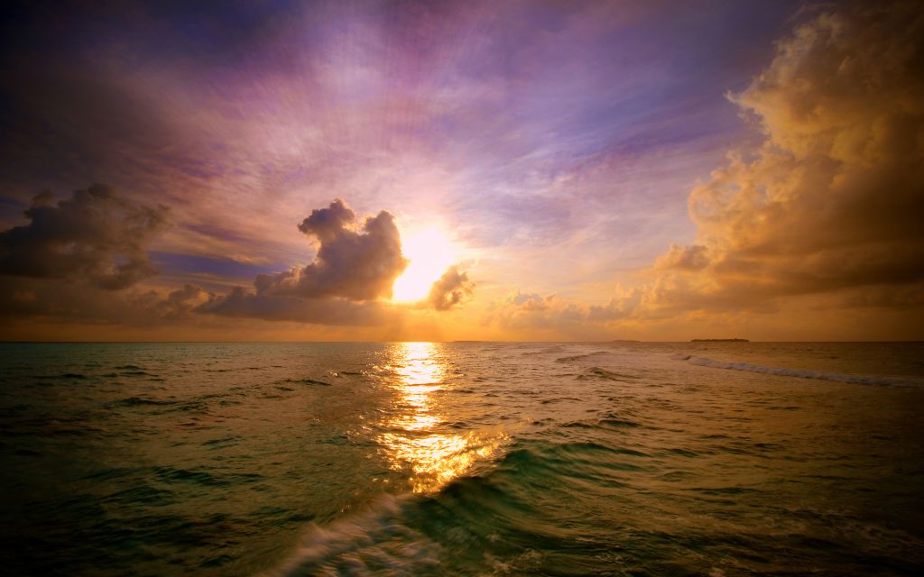 Закат, Мальдивы, Ландаа Джираавару, Остров, HD, 2K