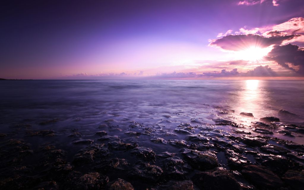Закат, Сумерки, Побережье, Северное Море, Фиолетовый, Пляж, HD, 2K