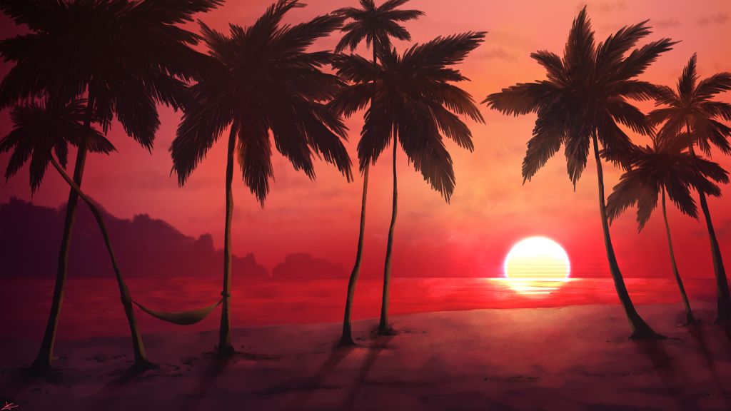 Закат, Тропический Пляж, Пальмы, Теплые, 4К, HD, 2K, 4K